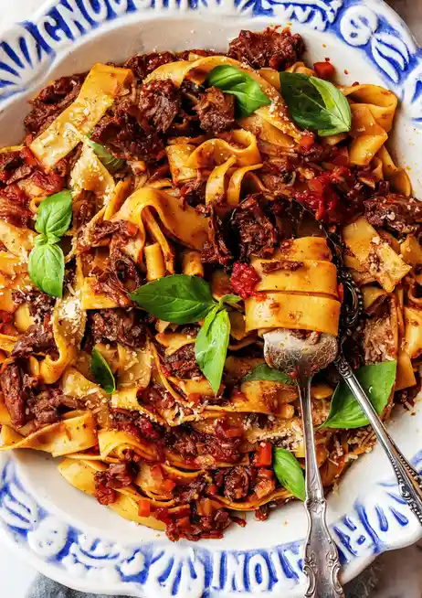 A close-up photo of a bowl of wide pasta, likely pappardelle, covered in a rich meat sauce, garnished with fresh basil…