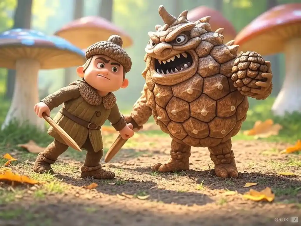 A cartoonish boy in a forest with giant mushrooms holds two wooden sticks, standing defiantly next to a large, angry…