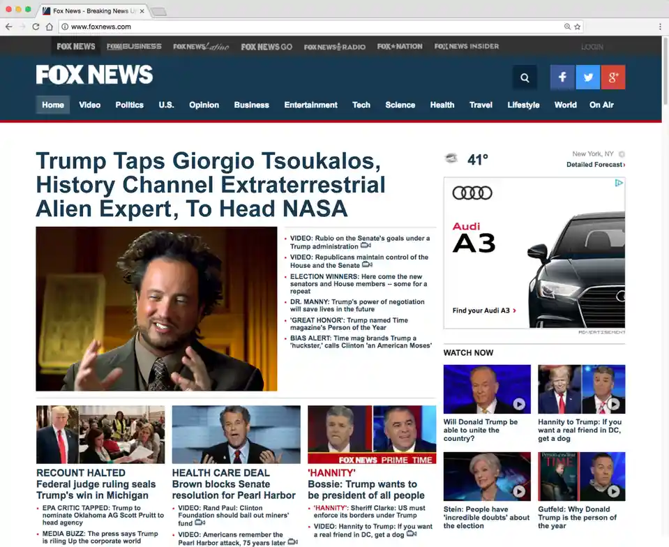 A screenshot of the Fox News website shows a headline reading 'Trump Taps Giorgio Tsoukalos, History Channel…