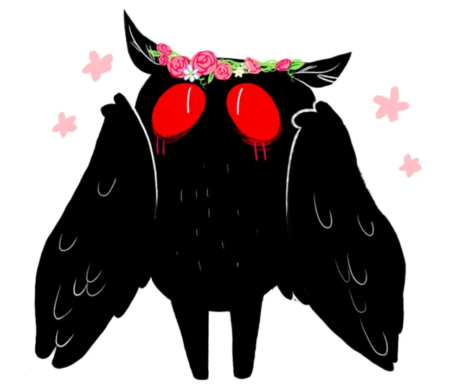 A cartoonish black owl with large red eyes and a floral crown, surrounded by pink flowers, with the text 'i'm not crying…