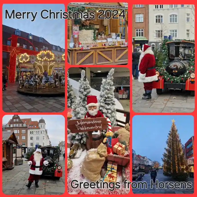 A six-panel collage of Christmas scenes from Horsens, Denmark, featuring a lit carousel, a decorated train with Santa Claus…