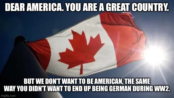 A Canadian flag waves against a bright blue sky with the sun shining behind it. White text overlaid at the top reads 'DEAR…