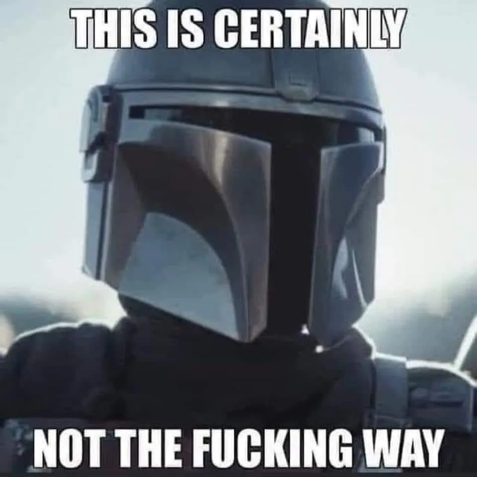 A close-up image of the character The Mandalorian wearing his signature helmet, looking forward with a stern expression…