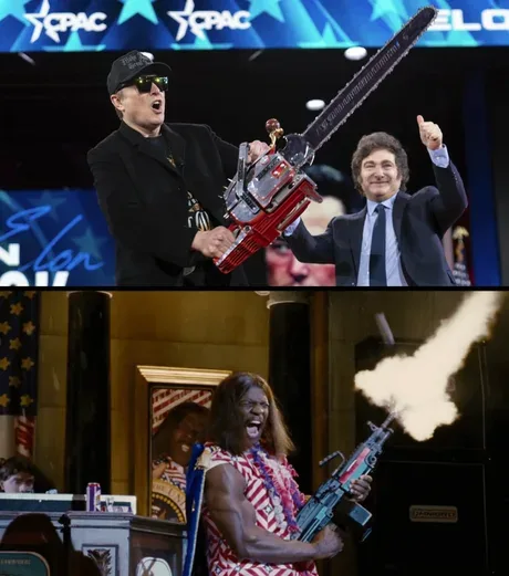 The image is a two-panel meme. The top panel shows two men at a political event, one holding a large chainsaw gun while the…