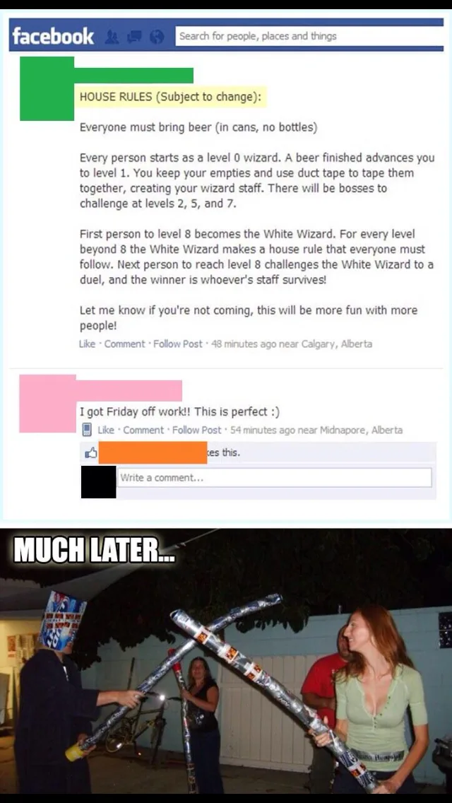 A Facebook post outlines a house party game where guests become 'wizards' by collecting beer cans, taping them into staffs…