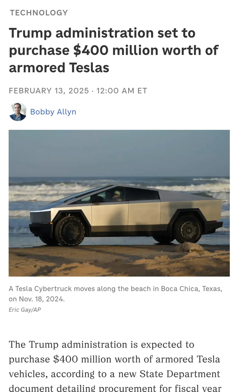 A news article screenshot shows a Tesla Cybertruck on a beach with the headline 'Trump administration set to purchase $400…