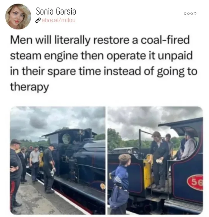 Two photos show men in work clothes around a dark blue steam locomotive, numbered 56, on a railway track. One photo shows…