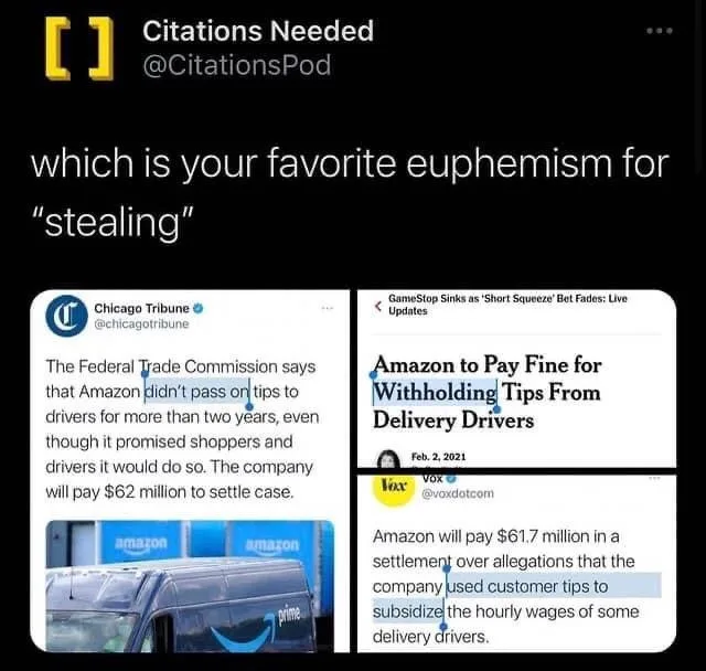 The image displays two side-by-side screenshots of news articles about Amazon paying fines for not passing on tips to…