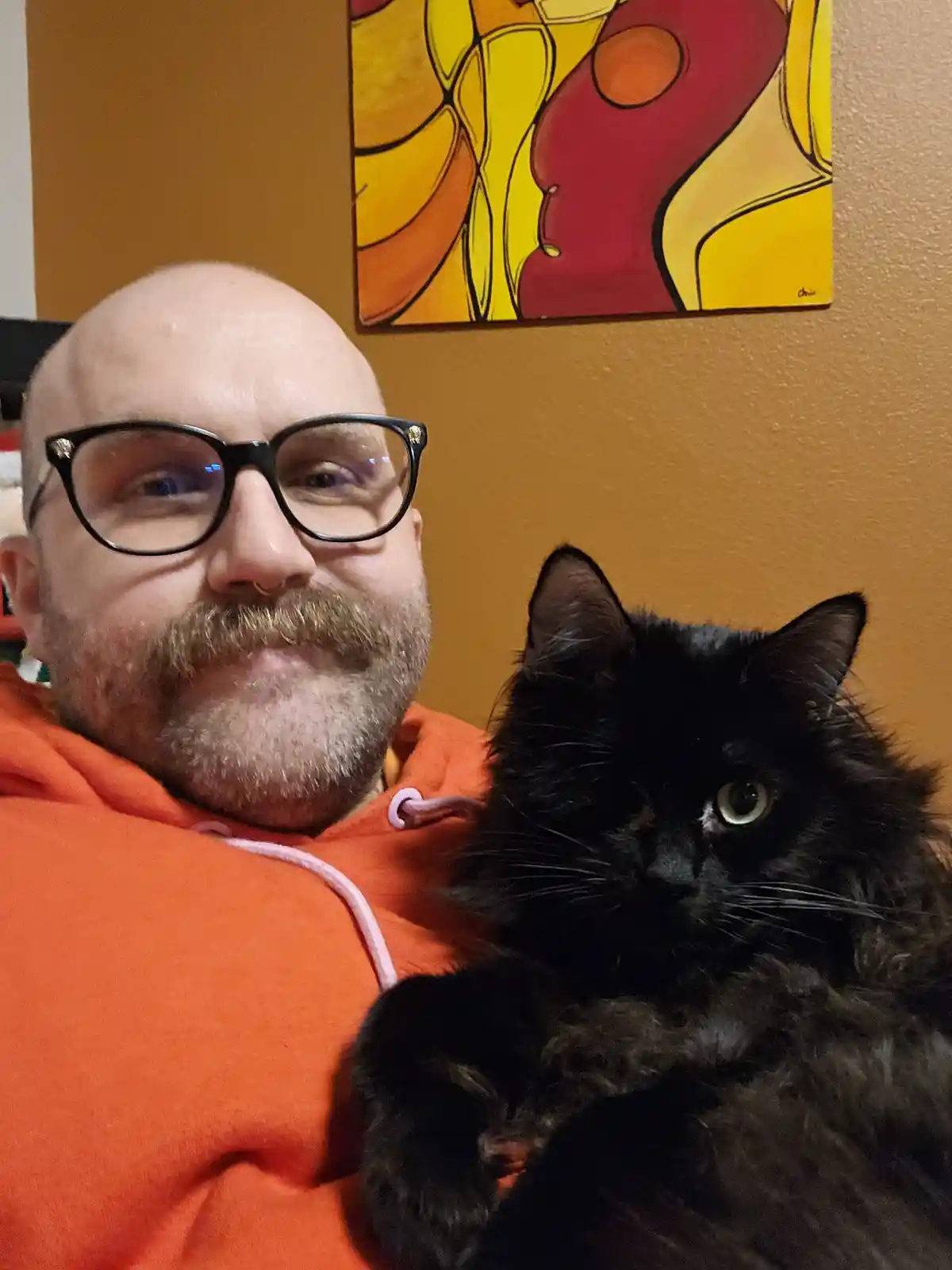 A bald man with glasses and a mustache, wearing an orange hoodie, takes a selfie while holding a fluffy black cat. The cat…