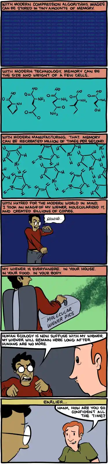 A six-panel comic strip where a man explains how he used modern tech to molecularly replicate an image of his wiener…
