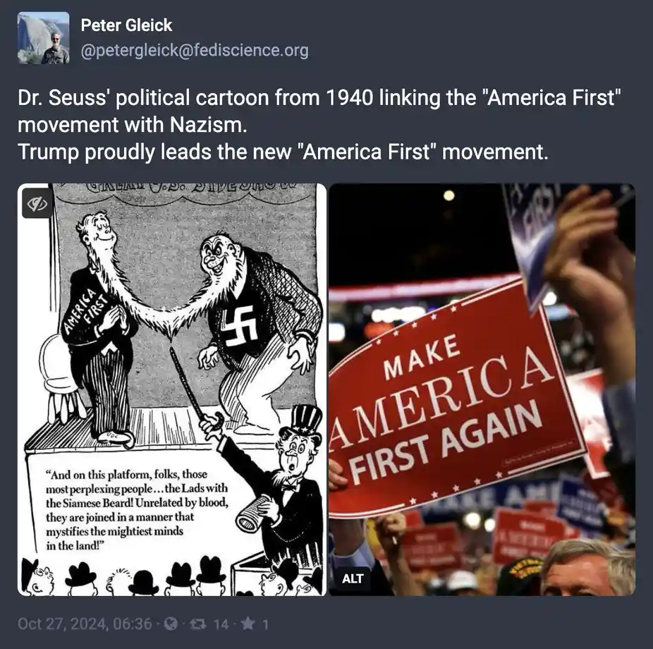 The image displays a side-by-side comparison: on the left, a 1940 Dr. Seuss cartoon showing two men with Siamese beards…