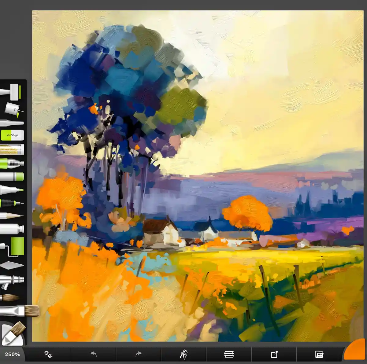 A digital painting of a vibrant, impressionistic landscape with a large blue tree, orange foliage, and a yellow sky…