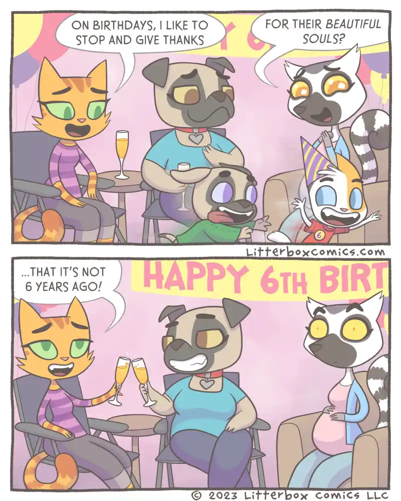 A two-panel comic strip featuring anthropomorphic animals at a birthday party. In the top panel, a cat says she gives thanks…