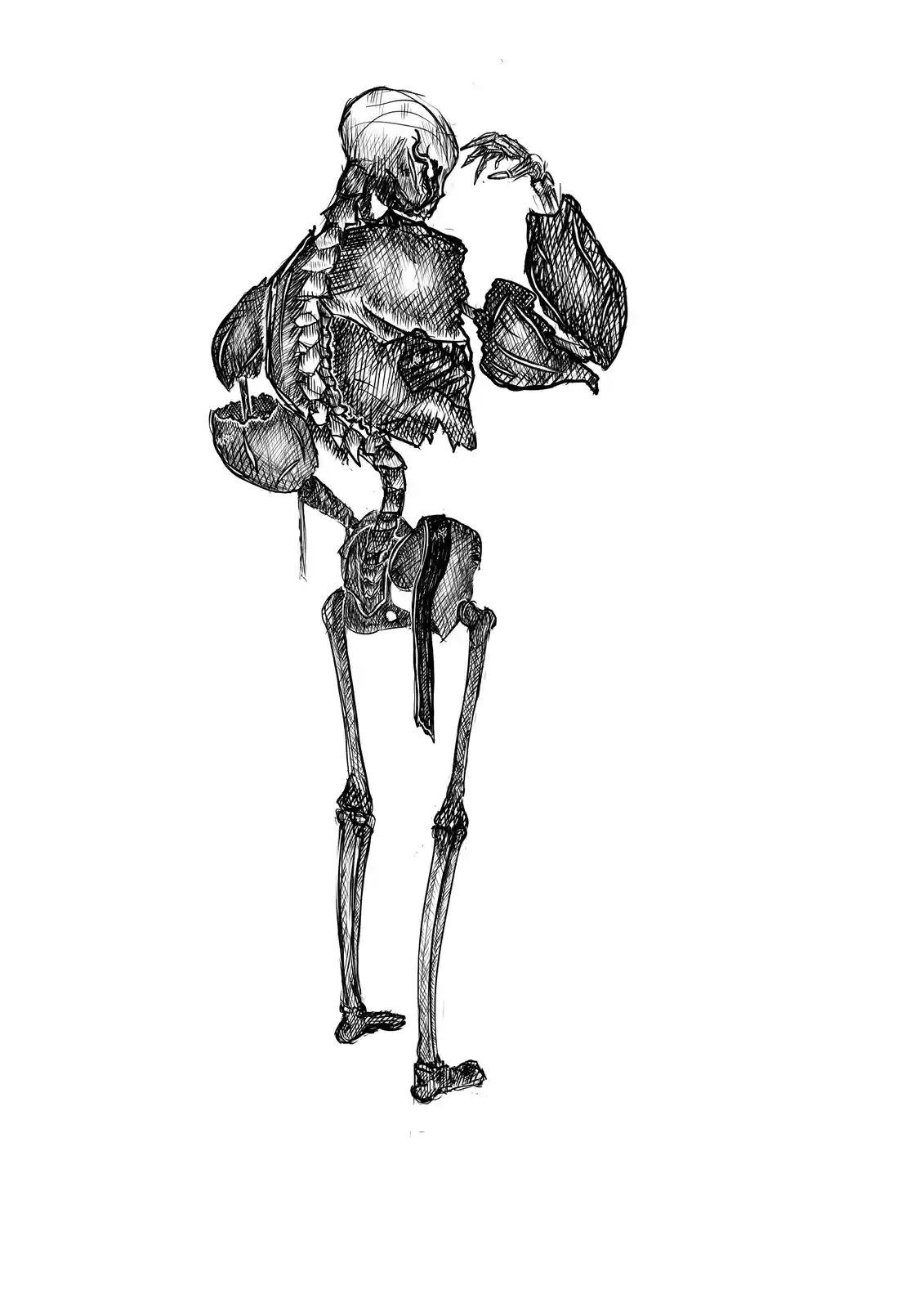 A black-and-white sketch of a skeleton standing upright, flexing its biceps with one hand while the other hand holds a…
