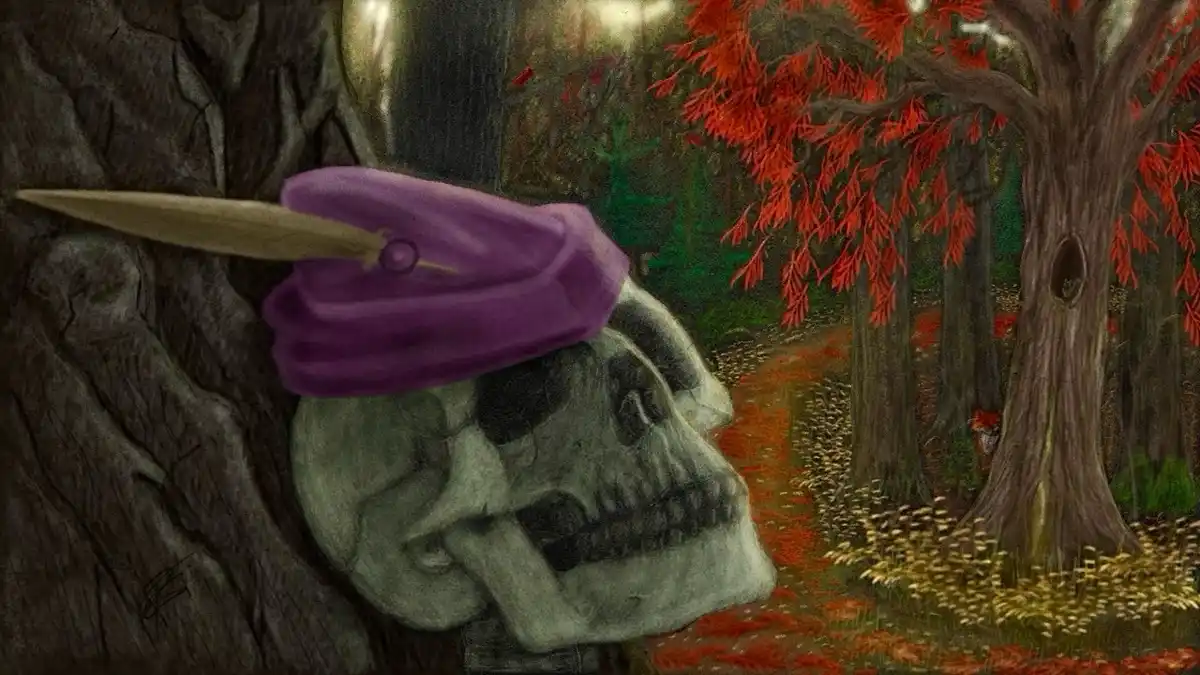 A human skull wearing a purple beret with a feather is leaning against a tree in a forest with red autumn leaves. The skull…