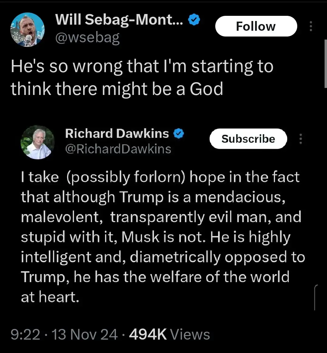 The image displays two Twitter/X posts. The top post by Will Sebag-Montgomery reads 'He's so wrong that I'm starting to…