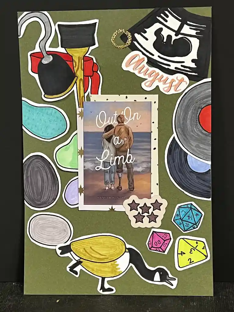 A collage on olive green paper features a central book cover of 'Out On a Limb' by Hannah Bonam-Yo, showing two people…