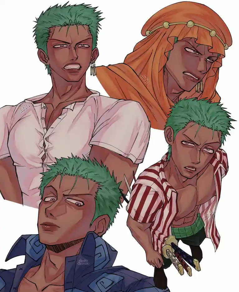 The image displays four anime-style male characters with green spiky hair, each shown in a different outfit and pose, all…