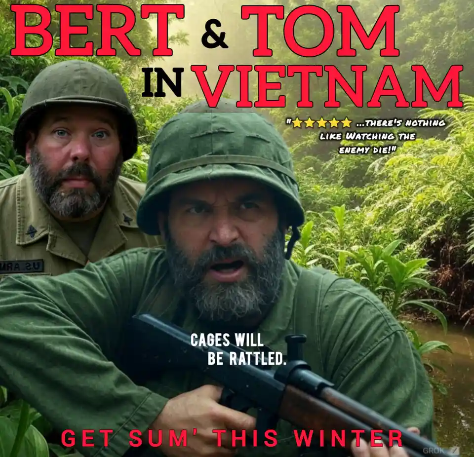 The image features two men in military uniforms and helmets, set against a jungle backdrop, styled as a movie poster. The…