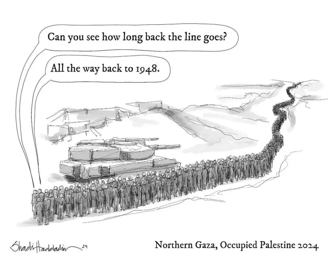 A black-and-white political cartoon depicts a long, winding line of people stretching from a tank into the distance, with…