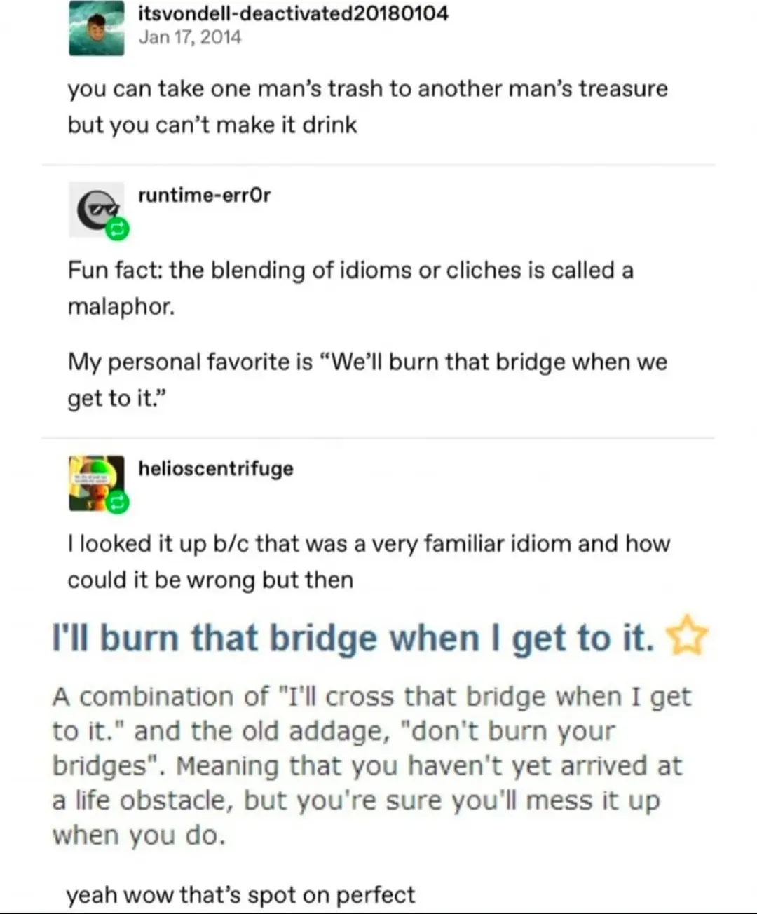 A screenshot of a Reddit thread where users discuss blending idioms. The top post says 'you can take one man's trash to…