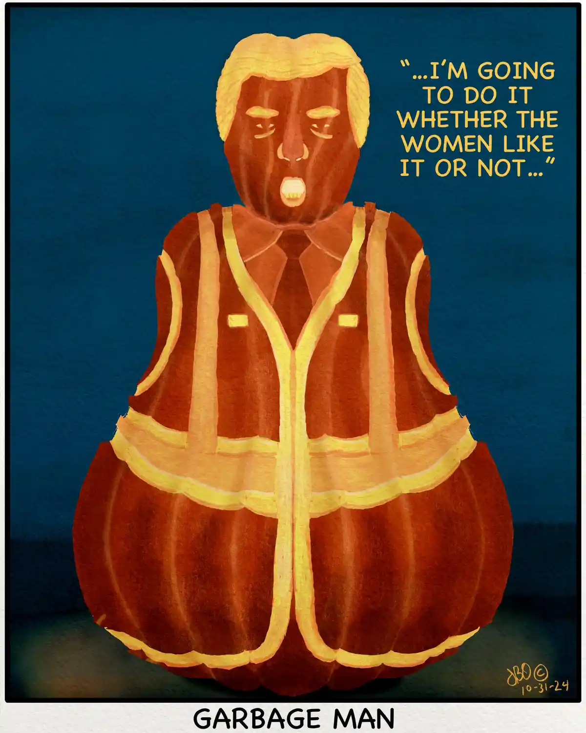 A stylized illustration shows a large orange pumpkin carved to resemble a man with blonde hair, wearing a reflective safety…