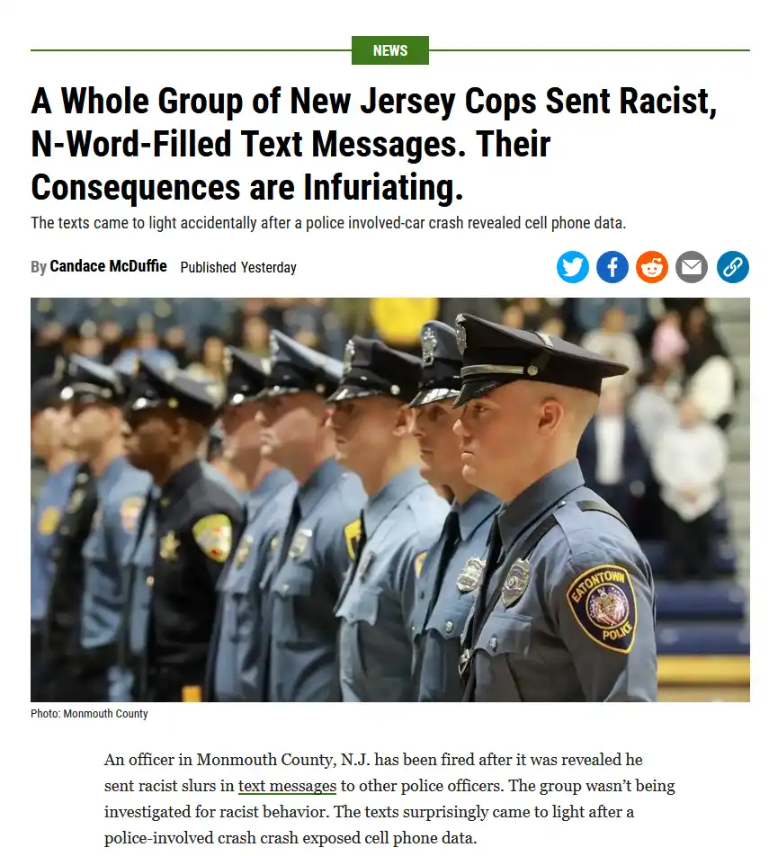 A news article screenshot shows a line of uniformed police officers standing at attention, with the headline overlaid in…