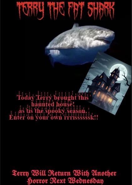 A dark image features a large shark with its mouth open, positioned above a cartoon haunted house under a full moon. Red…