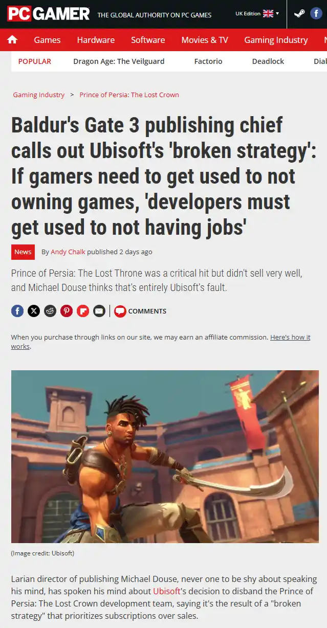 A screenshot of a PC Gamer article about Baldur's Gate 3's publishing chief criticizing Ubisoft's business model. The…