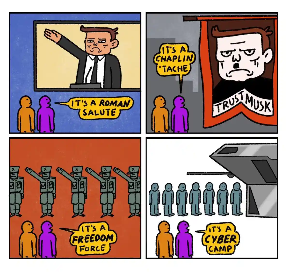 A four-panel comic strip shows two people observing various scenes and misidentifying them. In the first panel, they see a…