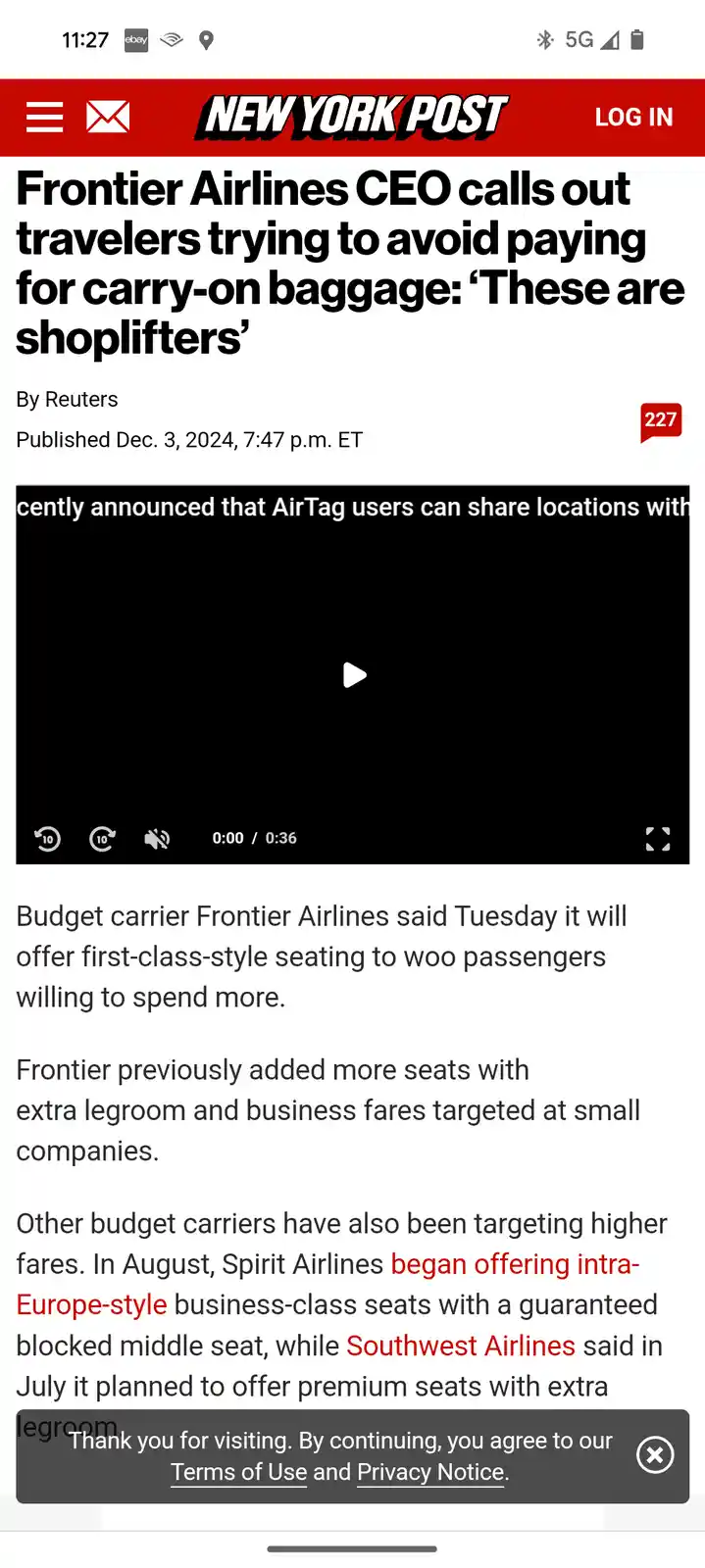 A screenshot of a New York Post article from December 3, 2024, with the headline 'Frontier Airlines CEO calls out travelers…