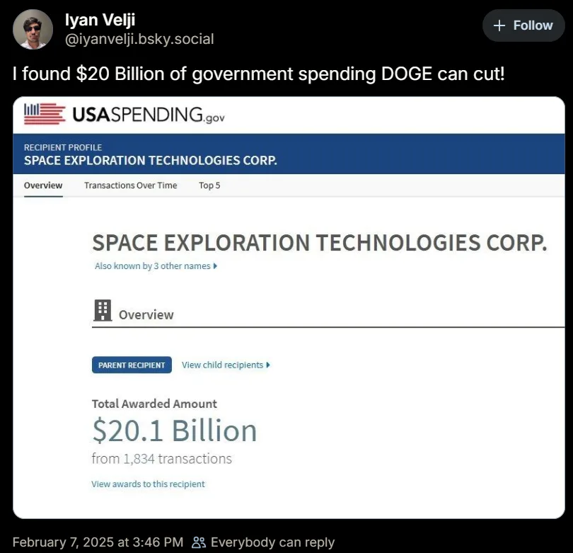 A screenshot of a USA Spending.gov webpage showing 'SPACE EXPLORATION TECHNOLOGIES CORP.' with a 'Total Awarded Amount' of…