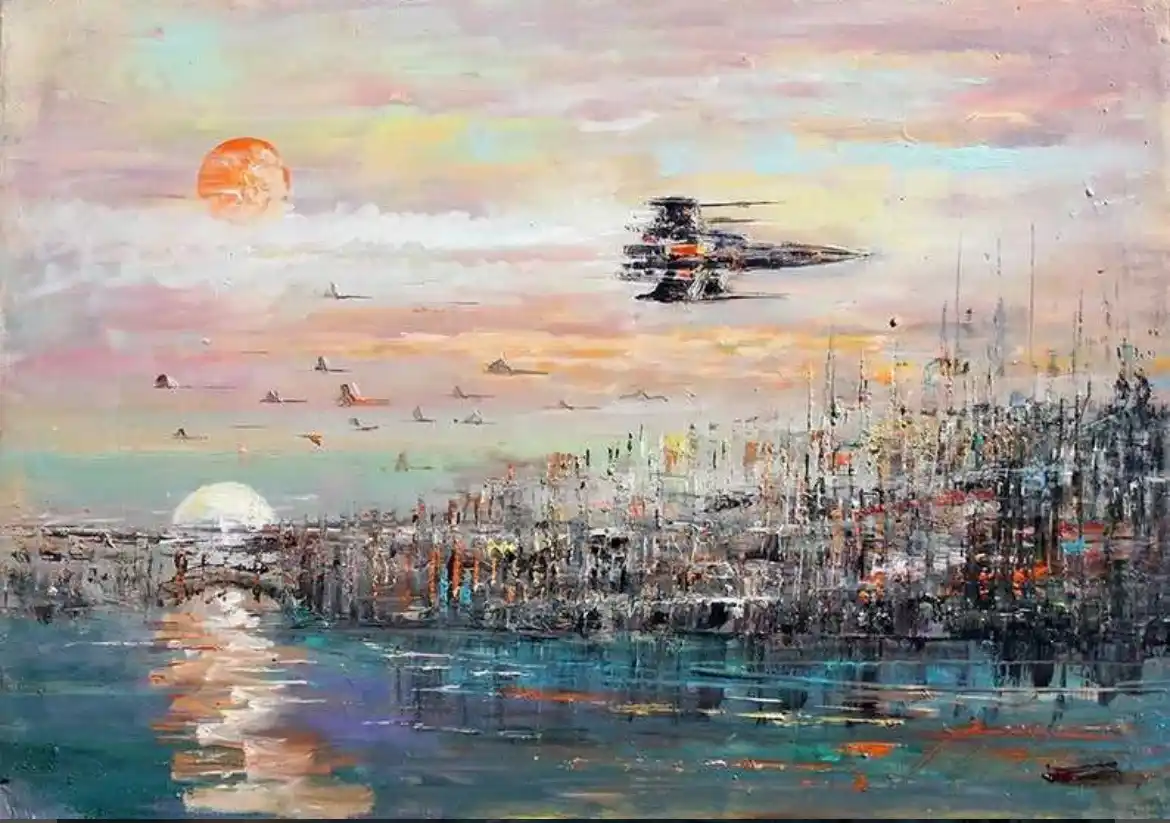 An impressionistic painting depicts a cityscape at sunset or sunrise with two large celestial bodies in the sky, a body of…