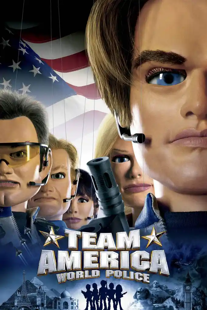 The image is a movie poster for 'Team America: World Police,' featuring stylized puppets of characters with American flags…