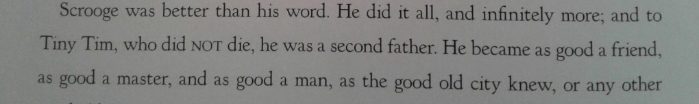 A close-up of a printed text excerpt from Charles Dickens' 'A Christmas Carol,' showing a passage where Scrooge's redemption…