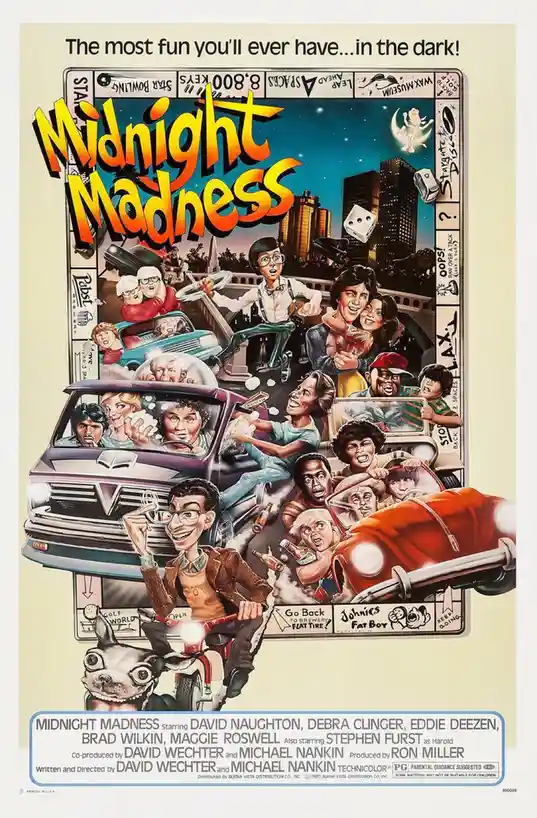 This is a vintage movie poster for 'Midnight Madness' (1980), featuring a chaotic, cartoonish illustration of numerous…