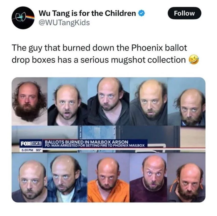 A screenshot of a tweet from @WUTangKids shows a collage of ten mugshots of the same balding man with a beard, arranged in…