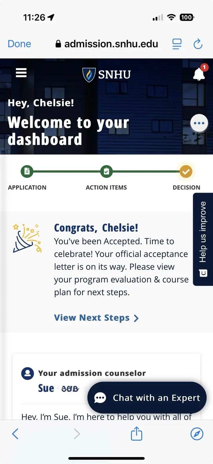 A screenshot of a smartphone showing a university admissions dashboard for 'Chelsie' on the SNHU website. The screen…