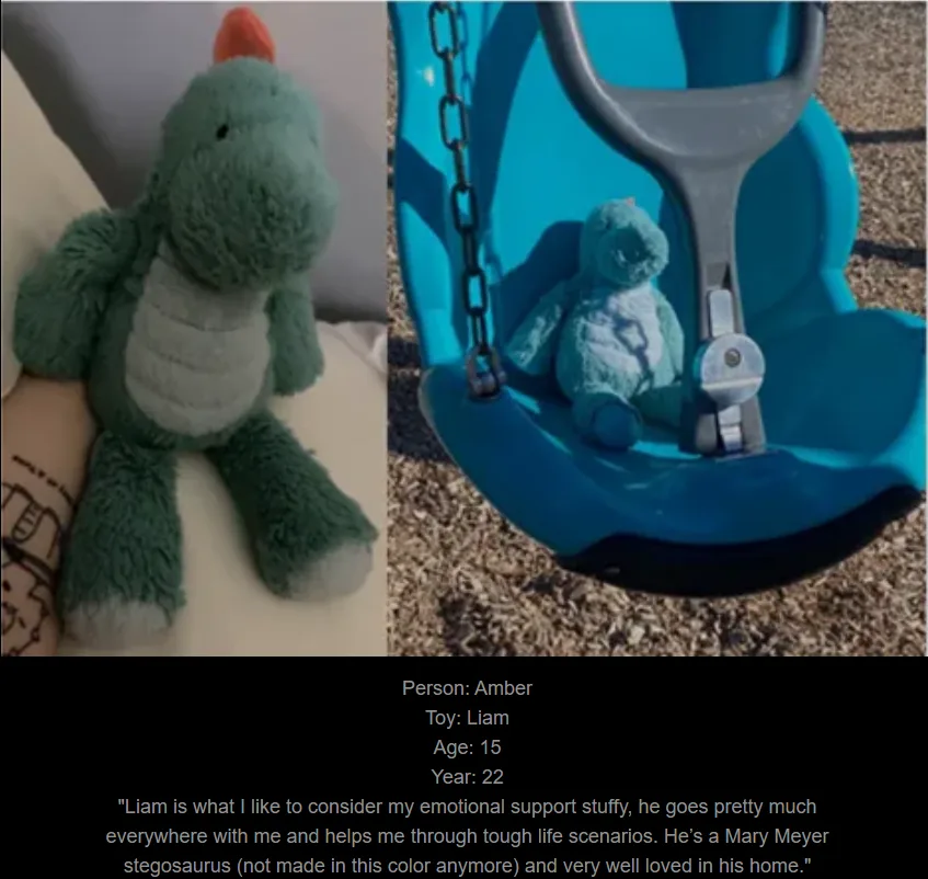 The image is split into two panels: left shows a green plush stegosaurus toy sitting on a person's arm, right shows the same…
