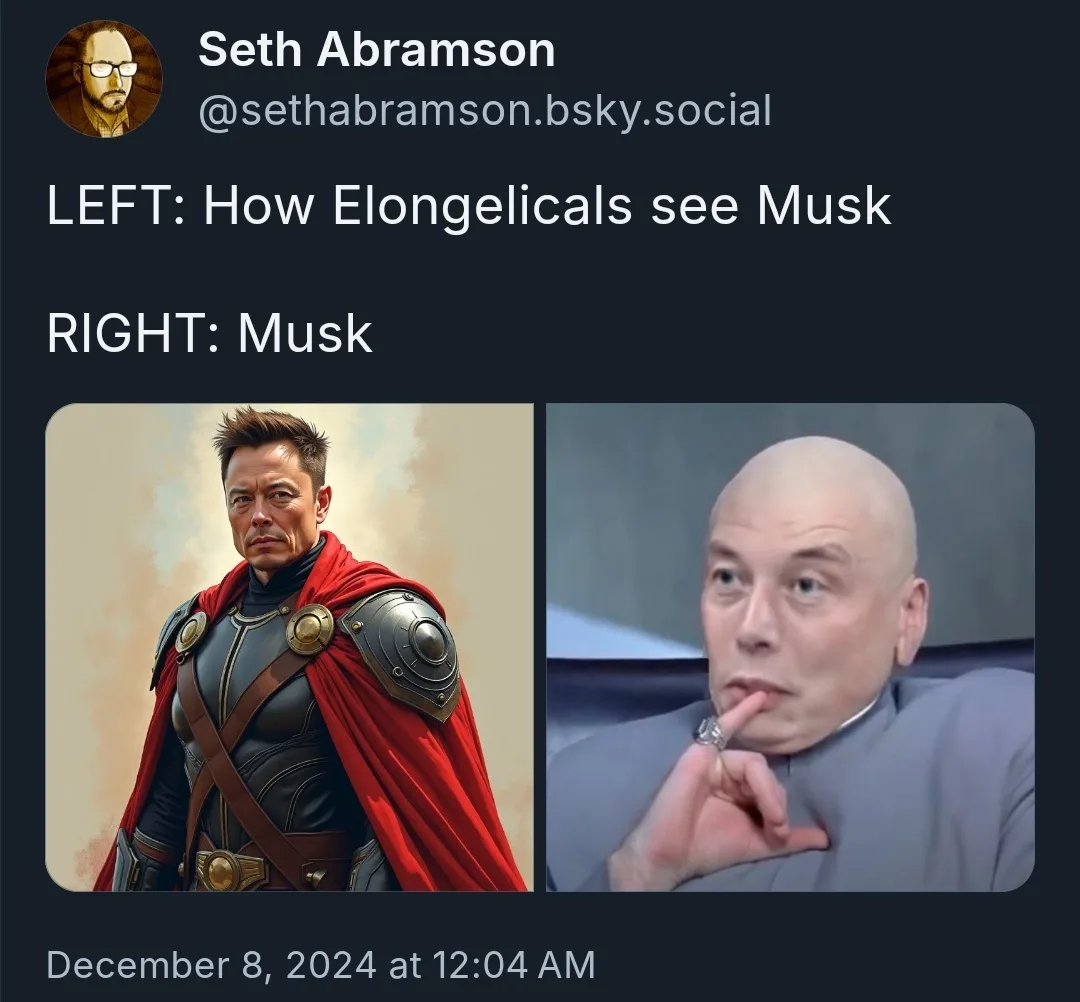 The image displays a side-by-side comparison. On the left, Elon Musk is depicted in a heroic, fantasy-style illustration…