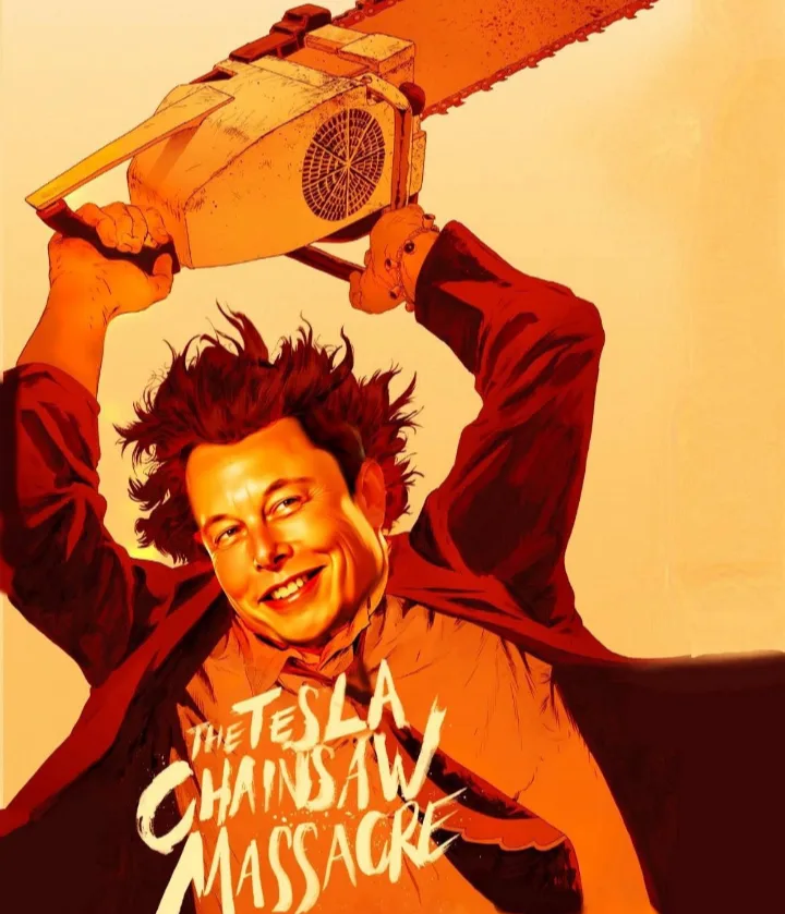 An illustrated image shows a man with wild hair and a red coat holding a chainsaw above his head, styled like a horror movie…