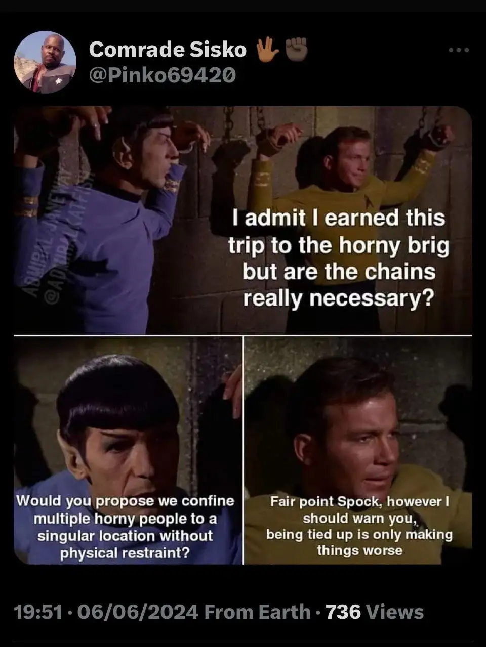 Two men in Star Trek uniforms are chained to a stone wall in a brig. The man in the yellow shirt says he earned his…