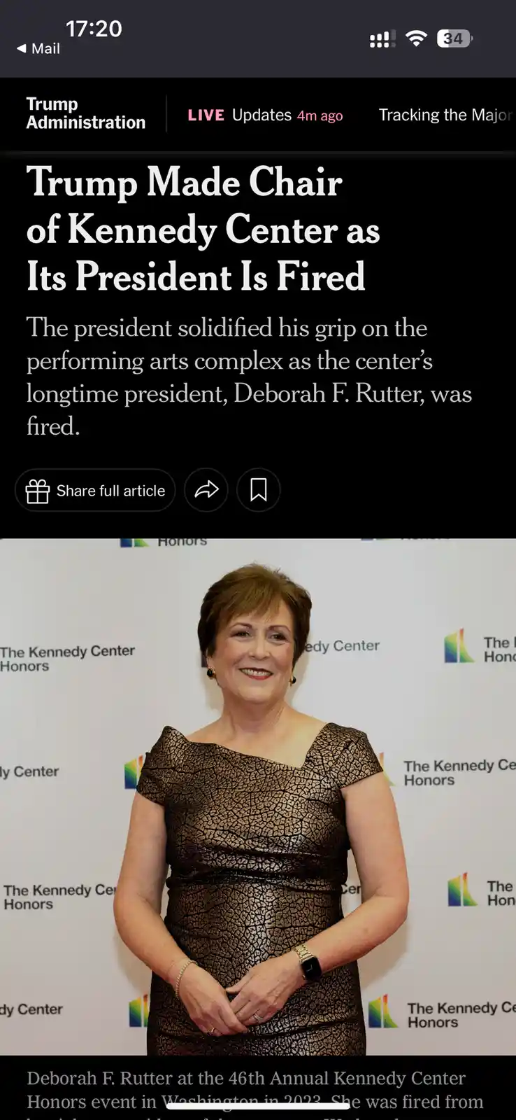 A screenshot of a news article headline reading 'Trump Made Chair of Kennedy Center as Its President Is Fired' is overlaid…