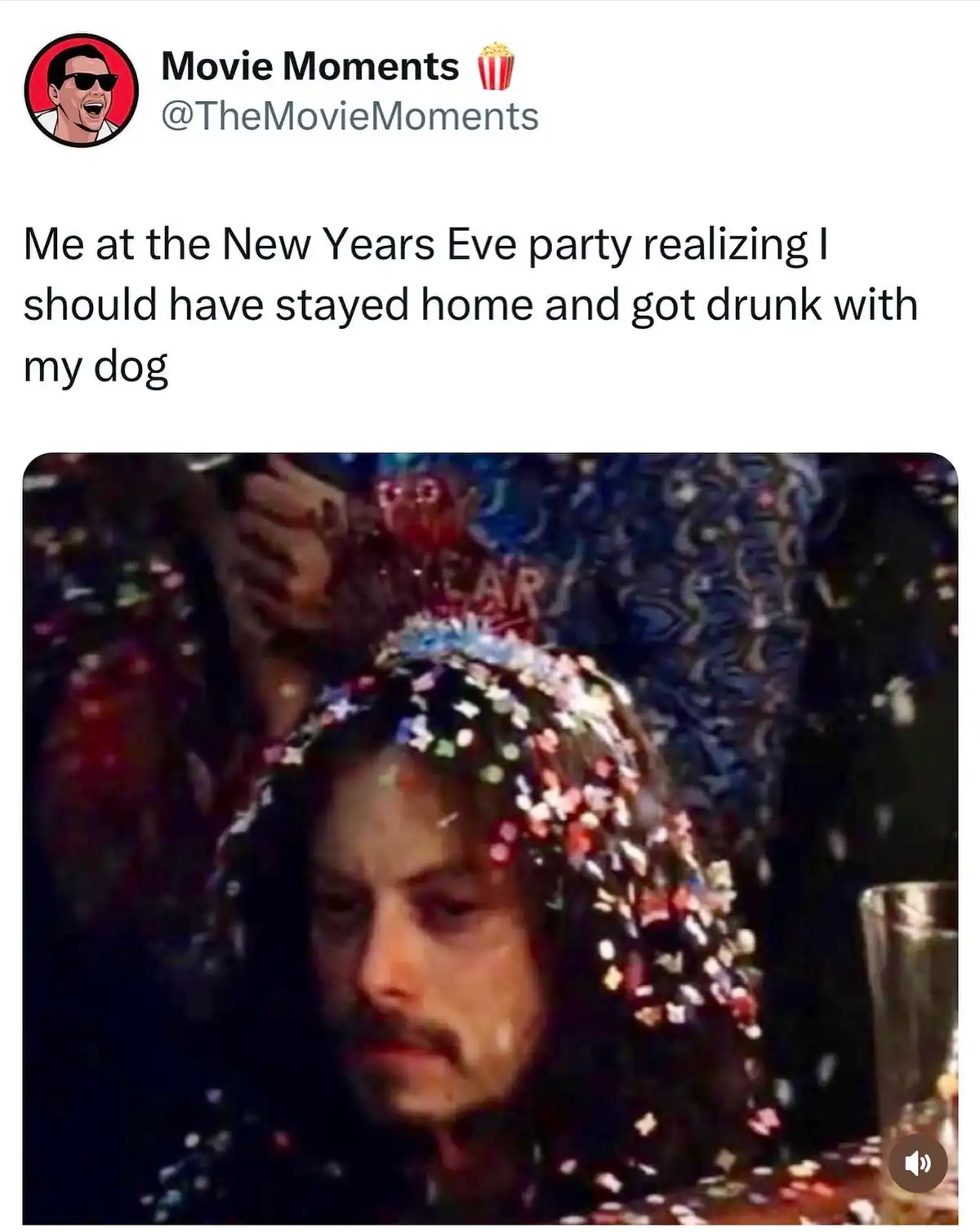 A screenshot of a tweet from 'Movie Moments' shows a man with long dark hair and a mustache looking downcast and regretful…