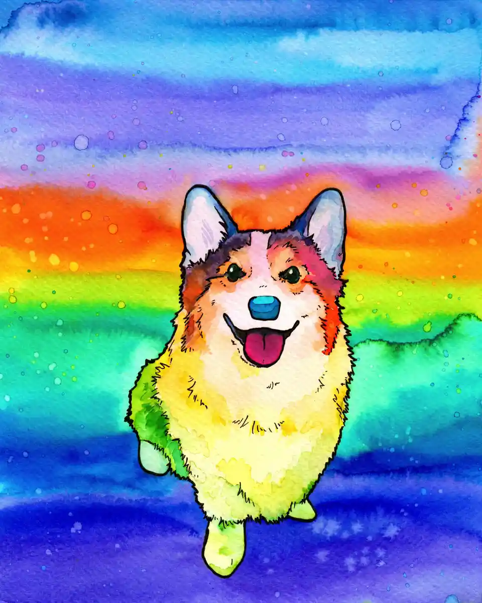 A watercolor painting of a smiling corgi with its tongue out, set against a vibrant rainbow background with blue, orange…