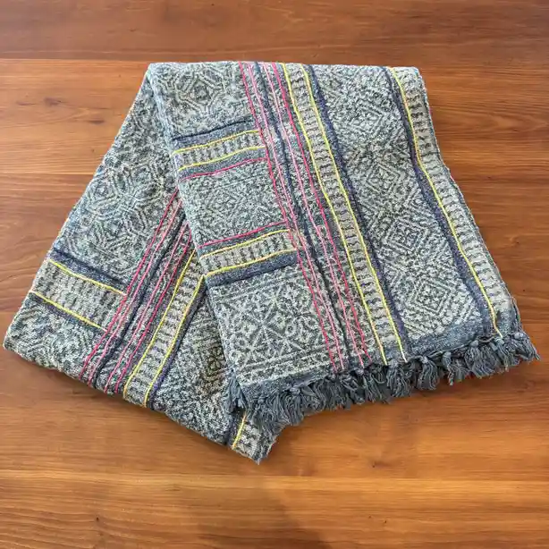 A folded, patterned blanket with blue, yellow, and pink stripes rests on a wooden surface. The blanket has a textured, woven…