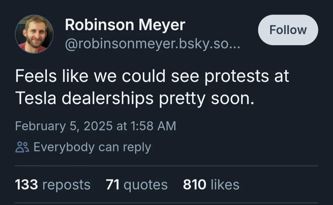 A screenshot of a Bluesky social media post by user Robinson Meyer, who has a circular profile picture and a 'Follow'…