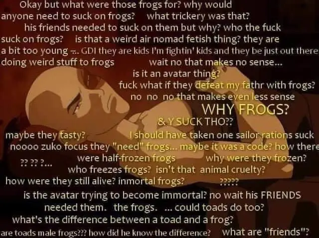 A character from Avatar: The Last Airbender, Aang, is shown looking confused and exasperated while lying down. Overlaid text…