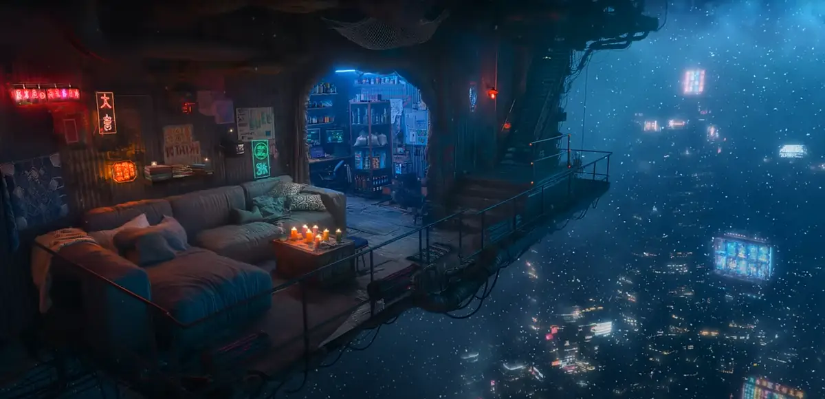 A cozy, cluttered apartment floats high above a sprawling, neon-lit cityscape at night. Inside, there's a worn couch, lit…
