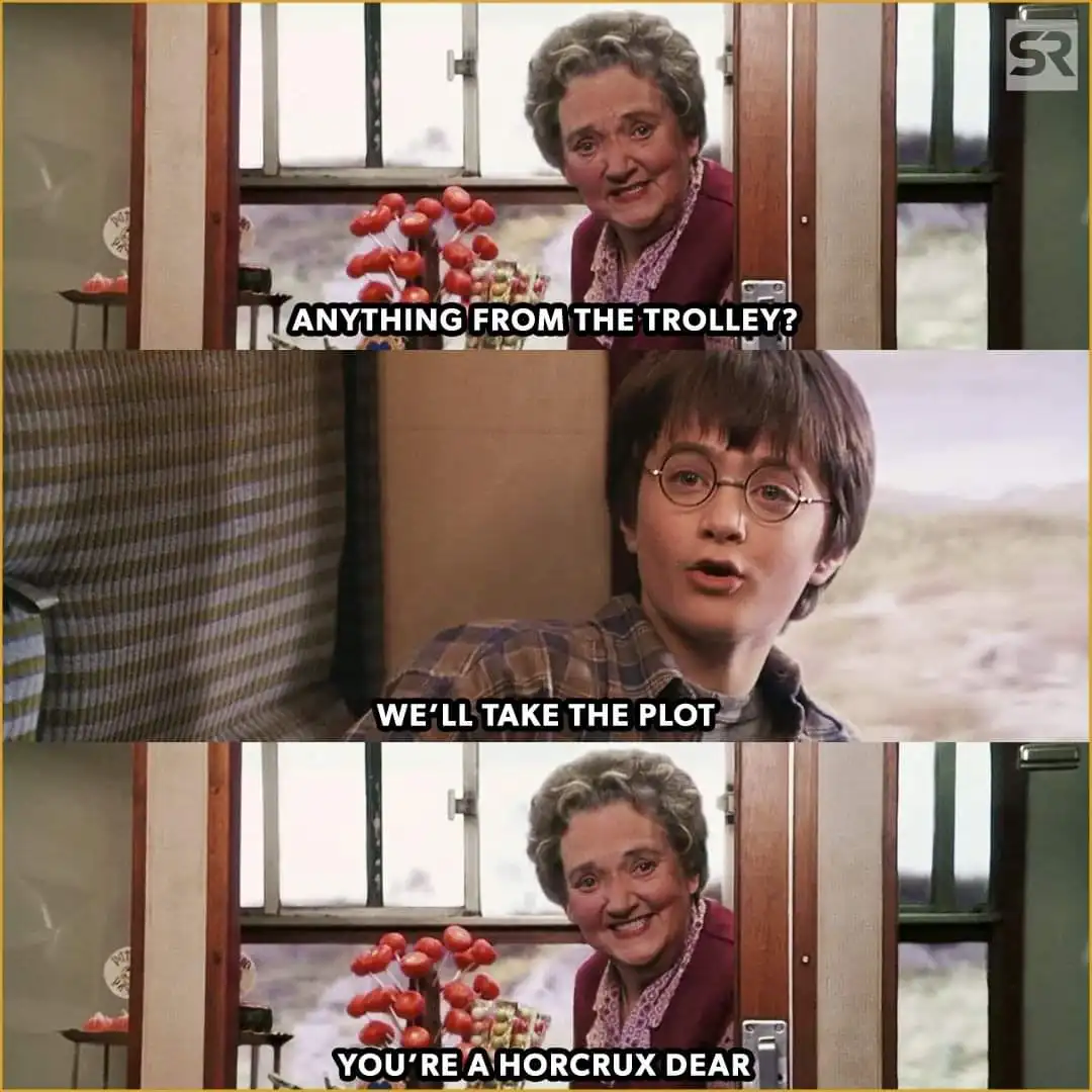 A three-panel meme from the Harry Potter movies showing a shopkeeper asking if Harry wants anything from the trolley, Harry…